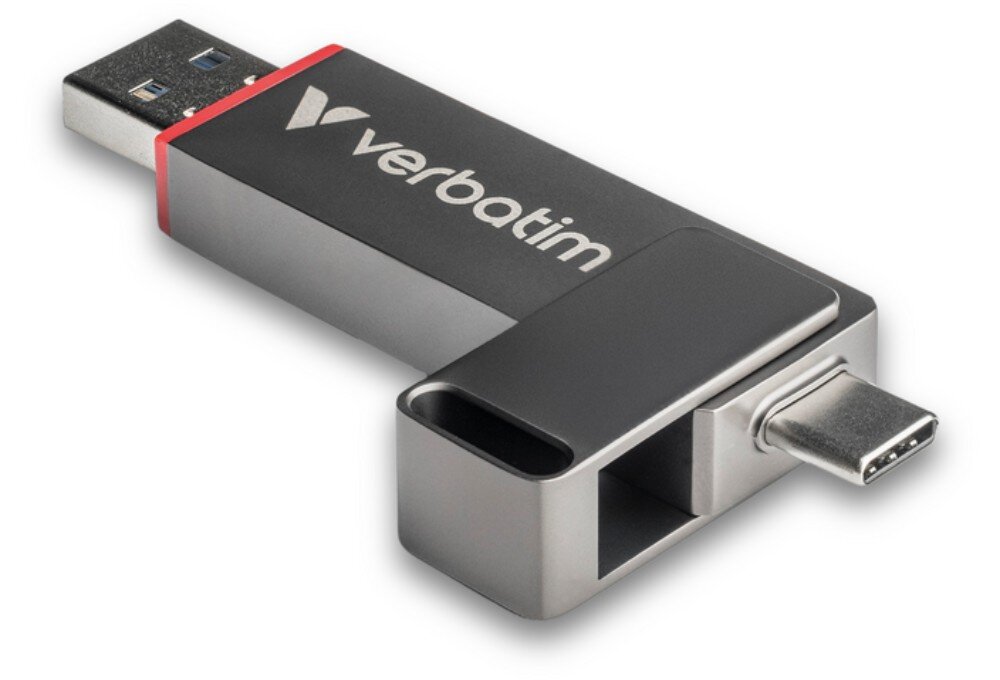 Pendrive VERBATIM Dual QuickStick Szary metalowy pendrive z dwoma różnymi wtykami typu USB-A oraz USB-C pokazany na białym tle