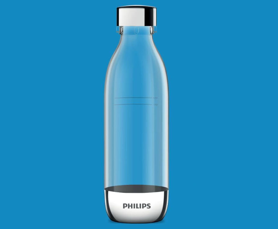 Przezroczysta butelka z niebieskim odcieniem, z metalowym wieczkiem i podstawą. Na podstawie widoczne jest logo \'PHILIPS\'.