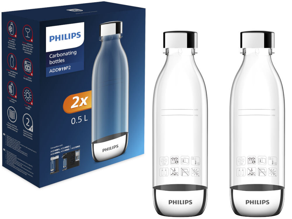 Na obrazie widoczne są dwie przezroczyste butelki z czarnymi nakrętkami i podstawami, z napisem \'PHILIPS\' na dole. Obok znajduje się niebieskie opakowanie z napisem \'PHILIPS Carbonating bottles ADD919P2\', \'2x 0.5 L\'.