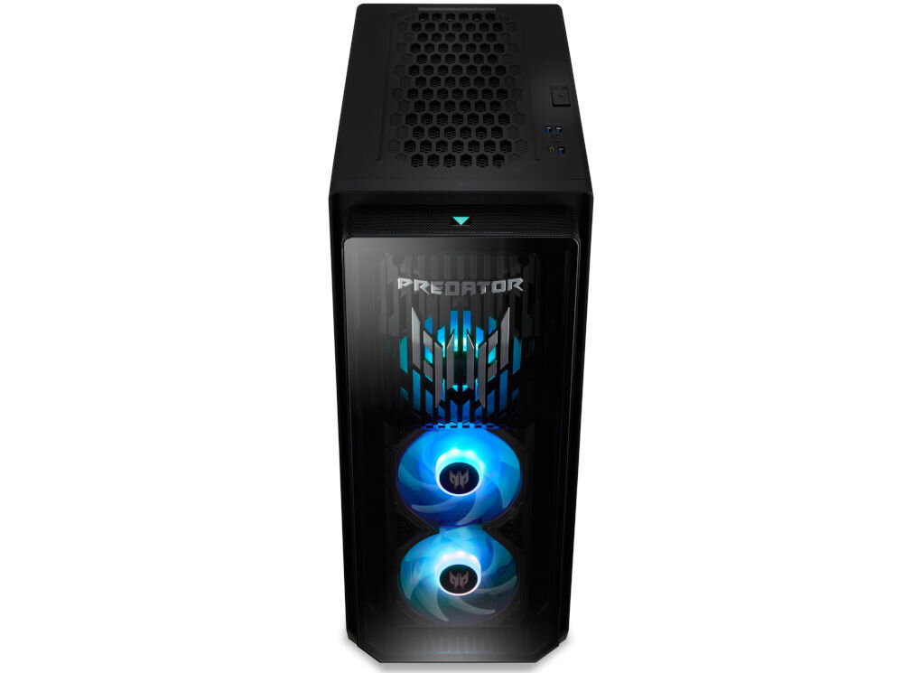 Komputer Komputer ACER Predator Orion 7000 P07-660 Ultra 9-285K 64GB RAM 2TB SSD GeForce RTX5090 Wi-Fi Windows 11 Home prezentacja komputera od przodu od góry na białym tle wygodny dostęp do portów z przodu
