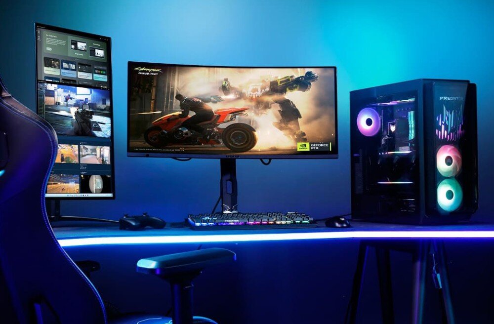 Komputer ACER Predator Orion 7000 P07-660 Biurko z dwoma monitorami, klawiaturą RGB i komputerem stacjonarnym z kolorowym podświetleniem wewnątrz obudowy, pamięć RAM, dysk, pojemność