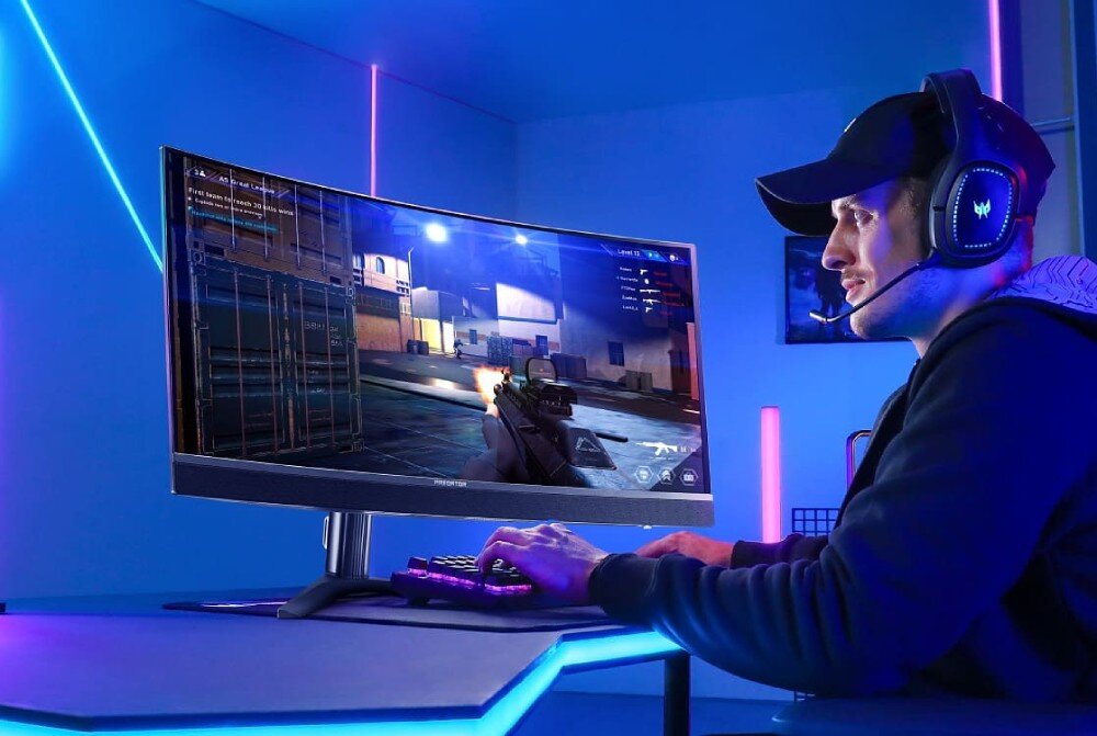 Komputer ACER Predator Orion 7000 P07-660 Komputer stacjonarny z wyraźnie zaznaczonym przepływem powietrza przez podświetlane wentylatory w ciemnym otoczeniu, oprogramowanie, narzędzia