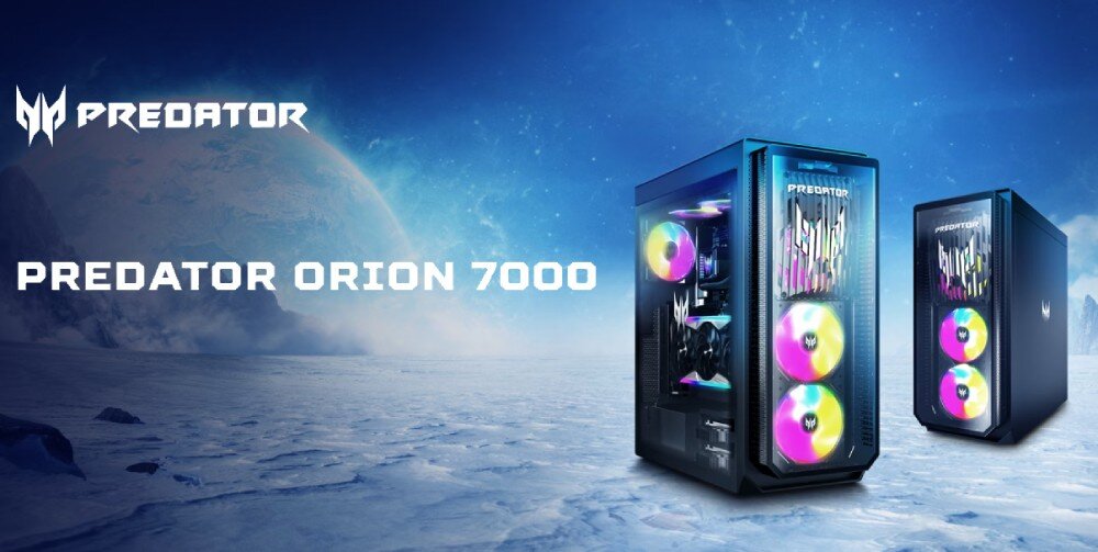 Komputer ACER Predator Orion 7000 P07-660 Komputer stacjonarny z podświetlanymi wentylatorami ARGB na tle lodowego krajobrazu i planety, z napisem 'Predator Orion 7000', opis