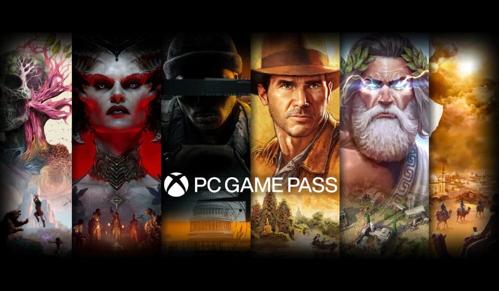 Komputer ACER Predator Orion 7000 P07-660 Grafika promocyjna PC Game Pass z wizerunkami postaci z różnych gier, ustawionych obok siebie na czarnym tle, Game Pass, dostęp