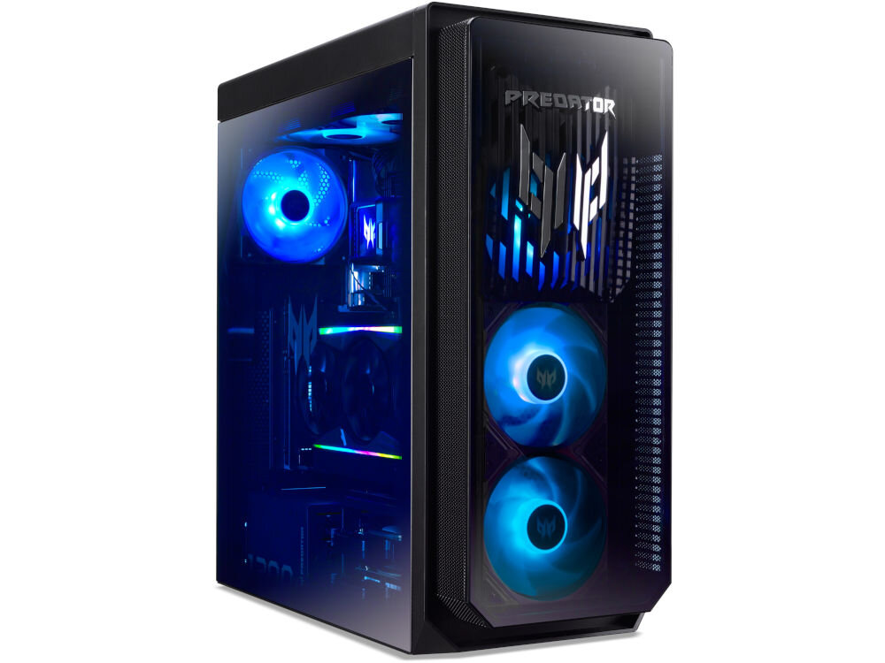 Komputer ACER Predator Orion 7000 PO7-660 Ultra 7-265KF 32GB RAM 2TB SSD GeForce RTX5090 Wi-Fi Windows 11 Home prezentacja komputera od przodu pod kątem na białym tle wymiary optymalne wykorzystanie przestrzeni efektywny przepływ powietrza