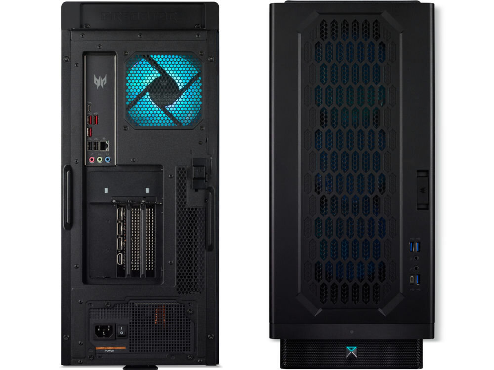 Komputer ACER Predator Orion 7000 PO7-660 Ultra 7-265KF 32GB RAM 2TB SSD GeForce RTX5090 Wi-Fi Windows 11 Home prezentacja komputera od tyłu i od góry na białym tle bogaty zestaw złączy z tyłu i na górze obudowy komputera