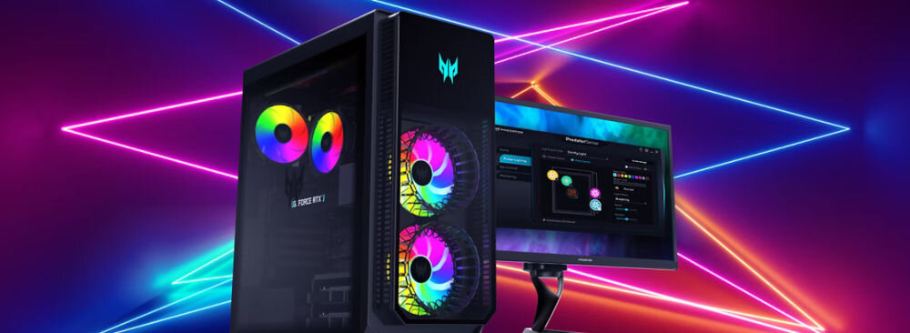 Komputer ACER Predator Orion 7000 PO7-660 Ultra 7-265KF 32GB RAM 2TB SSD GeForce RTX5090 Wi-Fi Windows 11 Home prezentacja komputera pod kątem obok monitor kolorowe tło PredatorSense makra monitorowanie personalizacja ARGB