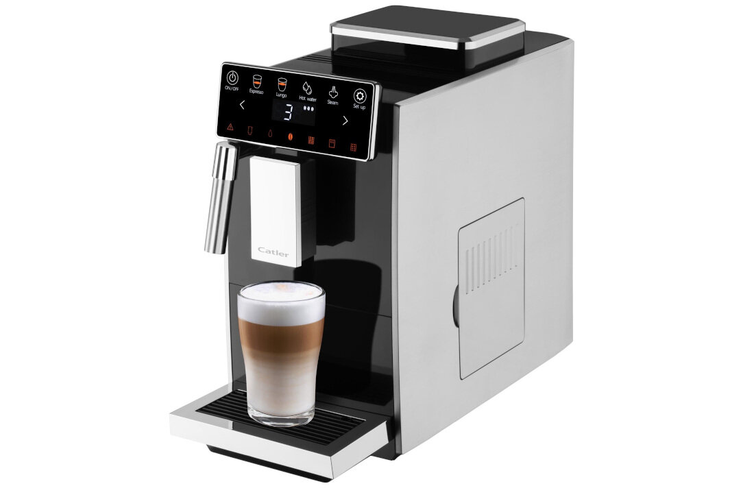 Ekspres CATLER EA 802 Cubisto Świeżo mielona kawa elegancki kubistyczny design wygląd młynek wykonanie stal nierdzewna pięciostopniowa regulacja grubości mielenie dopasowanie smak preferencje ciśnienie espresso kremowa pianka Możliwość ustawienia temperatury kontrola proces parzenie