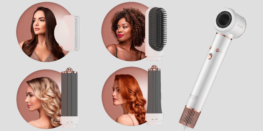 Suszarko-lokówka SENCOR SHS 9100RS 35, 50 mm 1300 W 5 różnych nasadek szerokie możliwości stylizacji Magnetyczna głowica dwie końcówki do loków specjalna szczotka stylizacja okazja dopasowanie swoboda