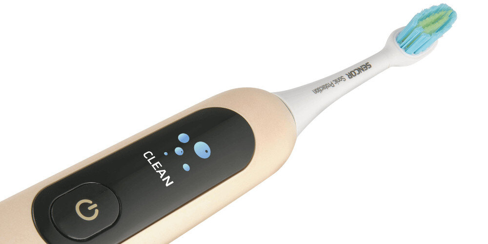 Szczoteczka soniczna SENCOR SOC 5011GD Złoty Czytelny wyświetlacz z zalecanym dwuminutowym odliczaniem informacja konieczność wymiany końcówki higiena wyważona rączka łatwa wymiana ułatwienie obsługa