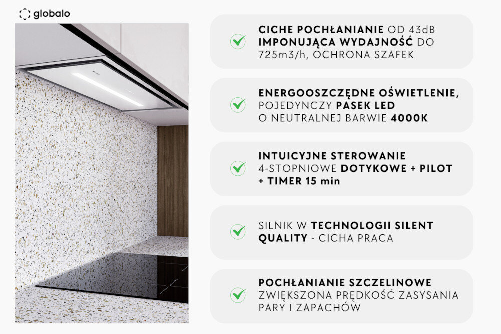 Obraz przedstawia okap kuchenny zamontowany nad płytą grzewczą, z logo \'globalo\' w lewym górnym rogu. Po prawej stronie znajdują się opisy funkcji okapu, takie jak ciche pochłanianie od 43dB, energooszczędne oświetlenie LED, intuicyjne sterowanie dotykowe, silnik w technologii Silent Quality oraz pochłanianie szczelinowe.