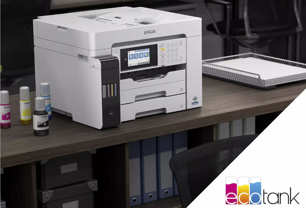 Urządzenie wielofunkcyjne EPSON EcoTank Pro L15180 Druk w kolorze, Automatyczny druk dwustronny, Wi-Fi prezentacja urządzenia w biurze na szafce bezkartridżowa oszczędność kosztów