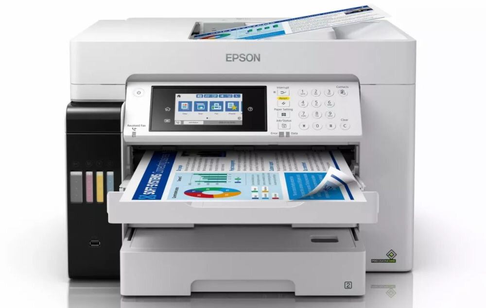 Urządzenie wielofunkcyjne EPSON EcoTank Pro L15180 Druk w kolorze, Automatyczny druk dwustronny, Wi-Fi prezentacja urządzenia od przodu na białym tle Obsługa papieru od 64 do 255 g/m² w różnych zastosowaniach elastyczność