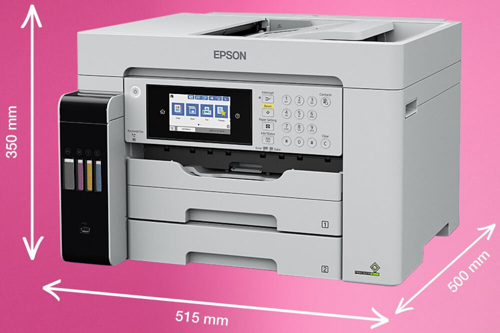 Urządzenie wielofunkcyjne EPSON EcoTank Pro L15180 Druk w kolorze, Automatyczny druk dwustronny, Wi-Fi prezentacja urządzenia na różowym tle od przodu pod kątem z wymiarami wymiary stabilność