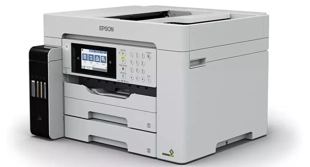 Urządzenie wielofunkcyjne EPSON EcoTank Pro L15180 Druk w kolorze, Automatyczny druk dwustronny, Wi-Fi prezentacja urządzenia od przodu na białym tle pod kątem głowica PrecisionCore™ kontrola kropli atramentu drukowanie z dużą szczegółowością
