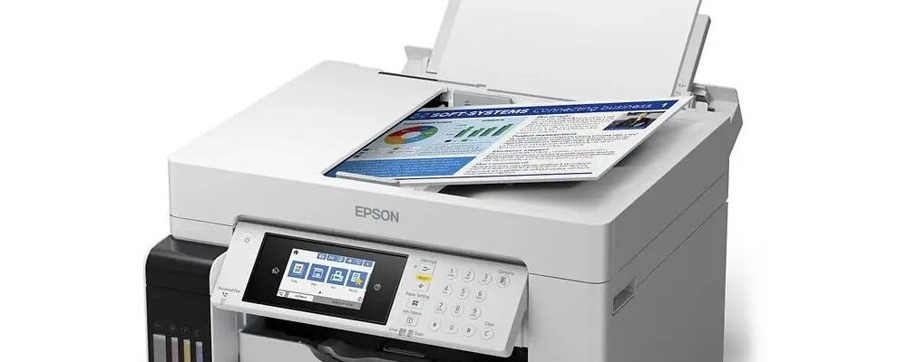 Urządzenie wielofunkcyjne EPSON EcoTank Pro L15180 Druk w kolorze, Automatyczny druk dwustronny, Wi-Fi zbliżenie na górną część urządzenia białe tło rozdzielczość skanowania czas skanowania A4 sprawne działanie