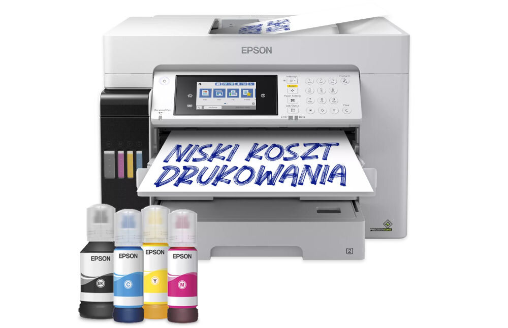 Urządzenie wielofunkcyjne EPSON EcoTank Pro L15180 Druk w kolorze, Automatyczny druk dwustronny, Wi-Fi prezentacja urządzenia od przodu na białym tle kartka z napisem niski koszt druku przed butelki z atramentem oszczędność kosztów częste drukowanie