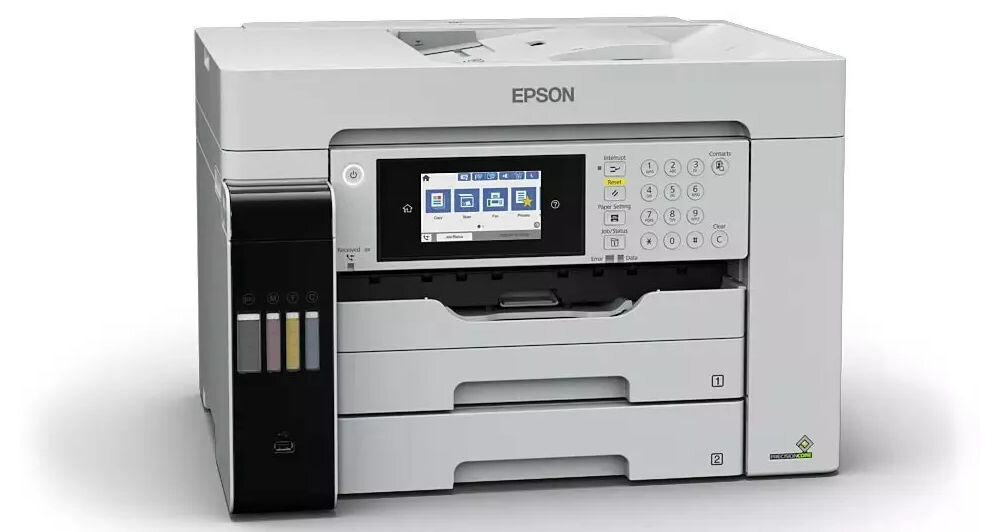 Urządzenie wielofunkcyjne EPSON EcoTank Pro L15180 Druk w kolorze, Automatyczny druk dwustronny, Wi-Fi prezentacja urządzenia od przodu na białym tle pod kątem funkcja faksowania kolor czarno-biały 33,6 kb/s usprawnienie przesyłania dokumentów pamięć do 200 numerów
