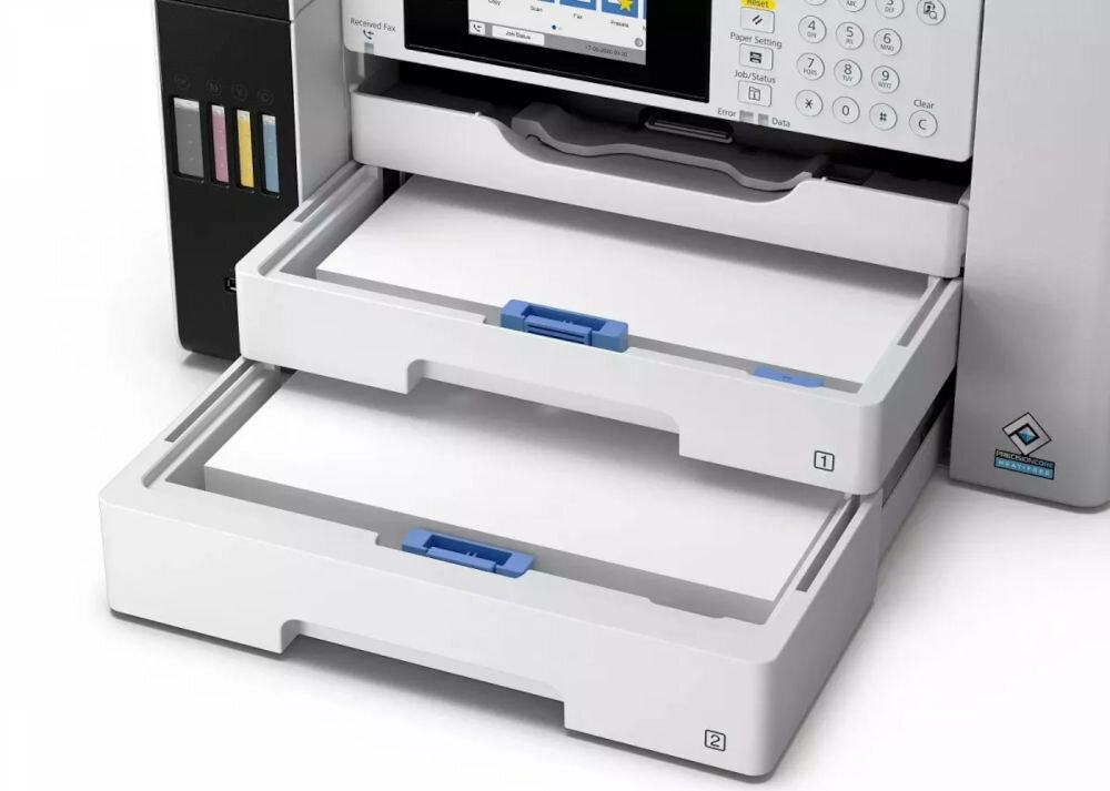 Urządzenie wielofunkcyjne EPSON EcoTank Pro L15180 Druk w kolorze, Automatyczny druk dwustronny, Wi-Fi prezentacja otwartych podajników na arkusze w środku papier włożony elastyczny podajnik papieru