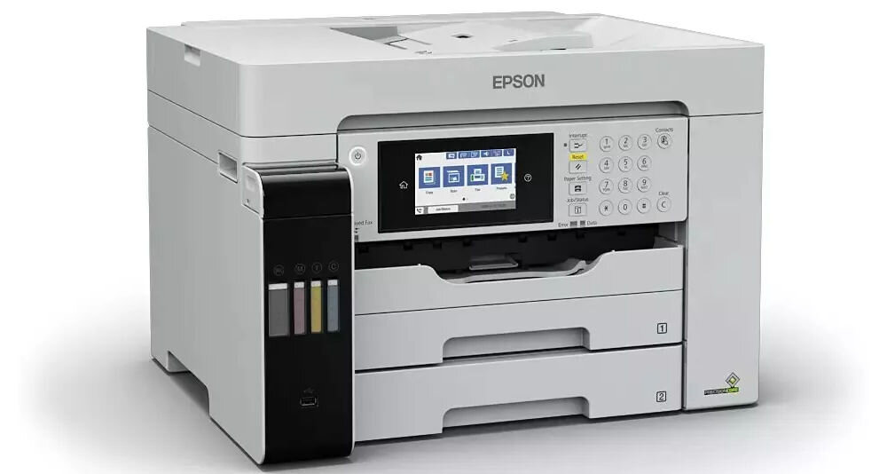 Urządzenie wielofunkcyjne EPSON EcoTank Pro L15180 Druk w kolorze, Automatyczny druk dwustronny, Wi-Fi prezentacja urządzenia od przodu na białym tle pod kątem wydajność atramentu wydłużenie czasu pracy