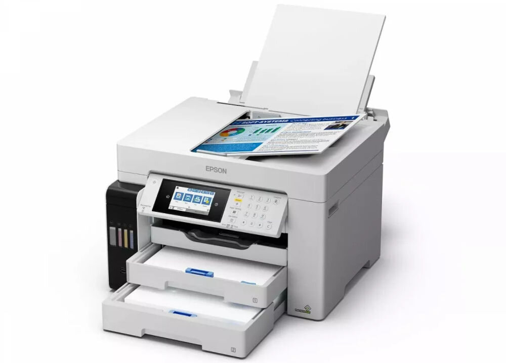 Urządzenie wielofunkcyjne EPSON EcoTank Pro L15180 Druk w kolorze, Automatyczny druk dwustronny, Wi-Fi prezentacja urządzenia od przodu na białym tle pod kątem rozłożone funkcje 4w1 druk skan kopiuj faks wygoda organizacja przestrzeni