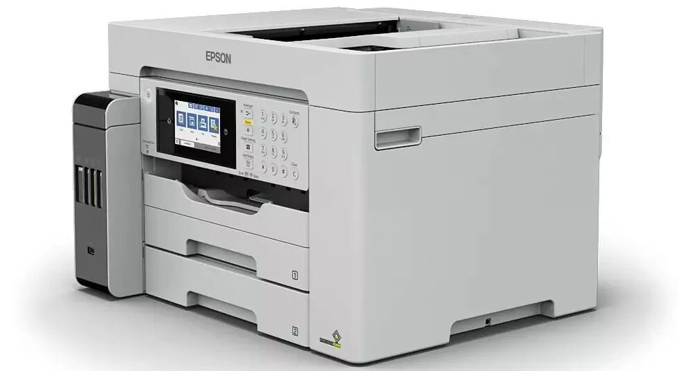 Urządzenie wielofunkcyjne EPSON EcoTank Pro L15180 Druk w kolorze, Automatyczny druk dwustronny, Wi-Fi prezentacja urządzenia od przodu na białym tle pod kątem bezprzewodowe połączenie Wi-Fi wygoda pracy bez kabli USB-A USB-B RJ-11 RJ-45