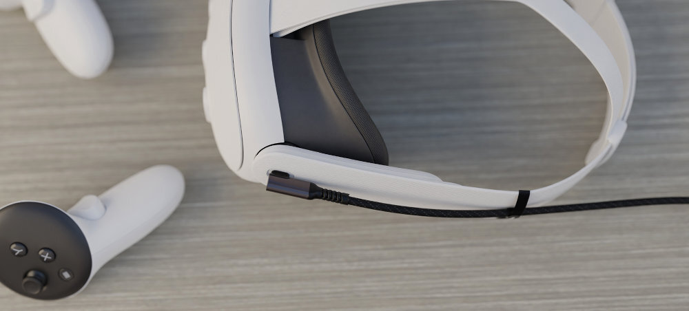 GENESIS VR gogli VR aluminiowe złącza dodatkowym gumowaniem oplot zapobiegający przetarciom kątowy wtyk USB-C sesji VR - kabel wpięty do gogli VR
