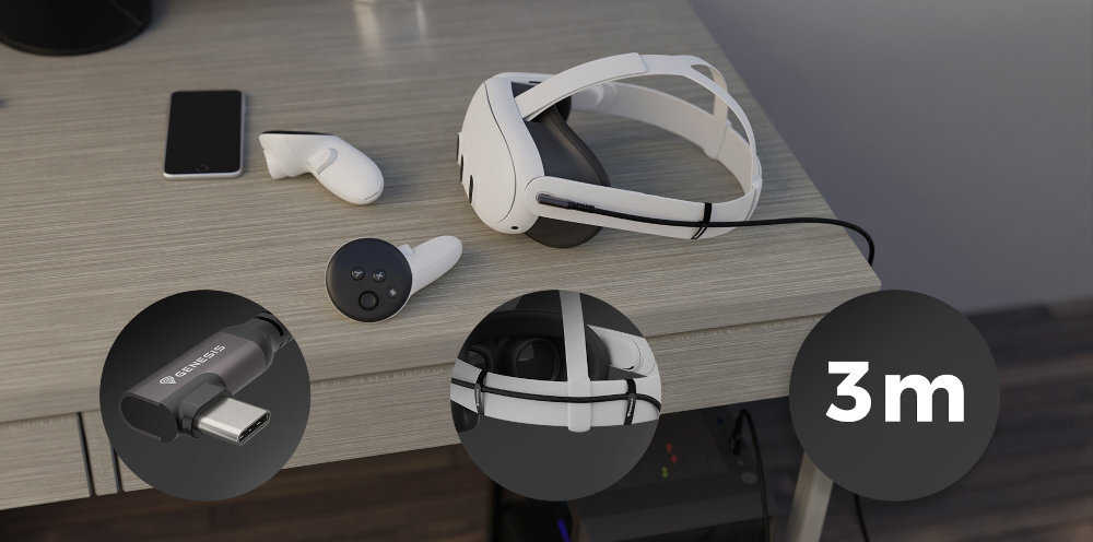 GENESIS VR Kątowy wtyk rzepy 3 metry - zwinięty kabel na szarym tle