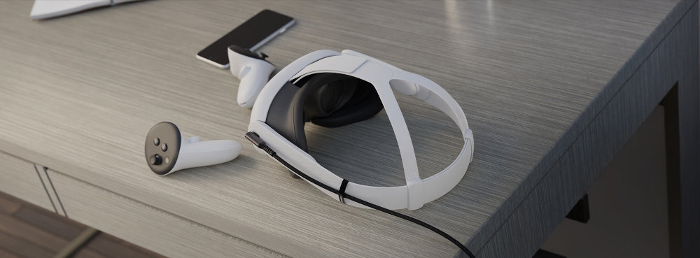 GENESIS VR Kabel VR Oculus Quest 2® Meta Quest 3® zestawami VR, kompatybilnymi akcesoriami laptopami - kabel na tle biurka