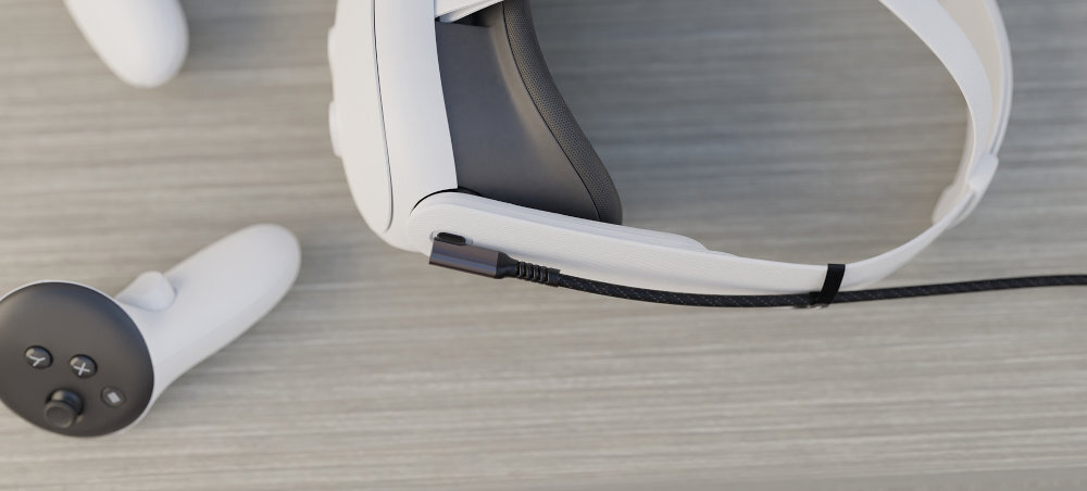 GENESIS NVC-222 gogli VR aluminiowe złącza dodatkowym gumowaniem oplot zapobiegający przetarciom kątowy wtyk USB-C sesji VR - kabel wpięty do gogli VR