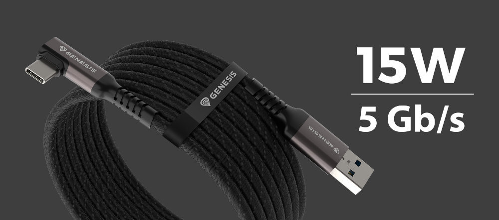 GENESIS NVC-222 USB typu A i C (3.2 Gen 1) ładowania z mocą do 15 W transfer danych z prędkością do 5 Gb/s - kabel na ciemnym tle