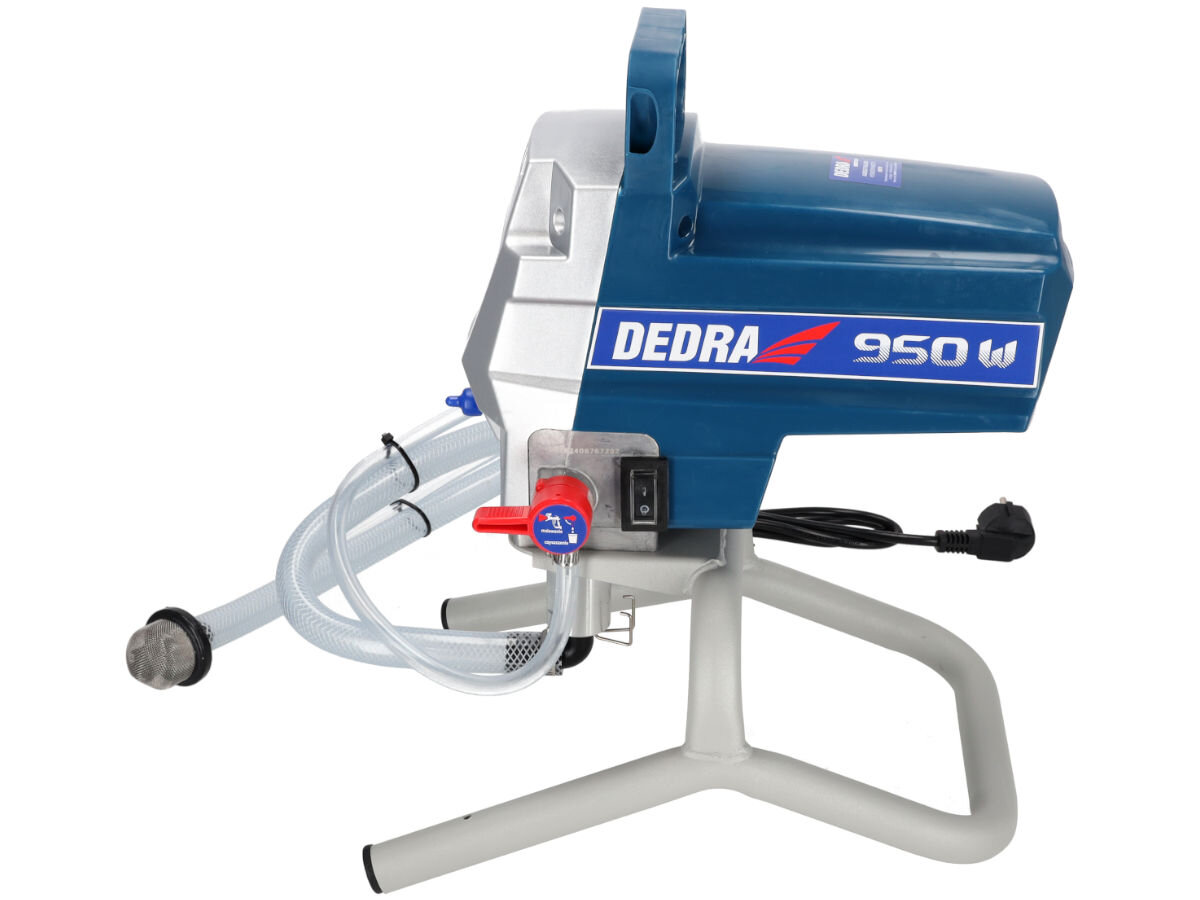 Agregat malarski DEDRA DED7424 950W 2100 ml/min, przyśpiesza, metody, szybko, sprawnie, powierzchnie, na białym tle agregat od boku z lewej strony