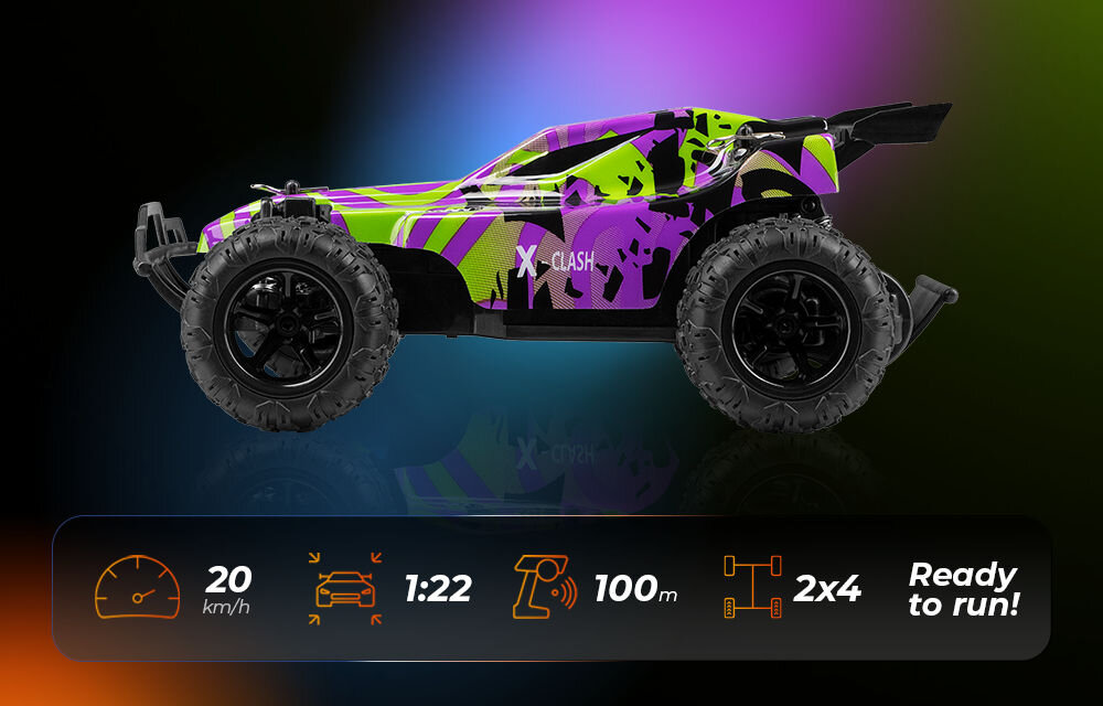 Samochód zdalnie sterowany OVERMAX X-Clash Widok boczny zdalnie sterowanego samochodu X-CLASH w fioletowo-limonkowym, abstrakcyjnym malowaniu. Na dole pasek informacyjny: prędkość 20 km/h, skala 1:22, zasięg 100 m, napęd 2x4, gotowy do jazdy (Ready to run).