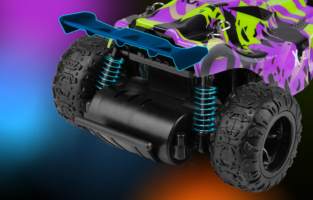 Samochód zdalnie sterowany OVERMAX X-Clash Zbliżenie na tylną część samochodu X-CLASH. Wyeksponowane są tylne koła, amortyzatory podświetlone na niebiesko oraz tylny spojler.