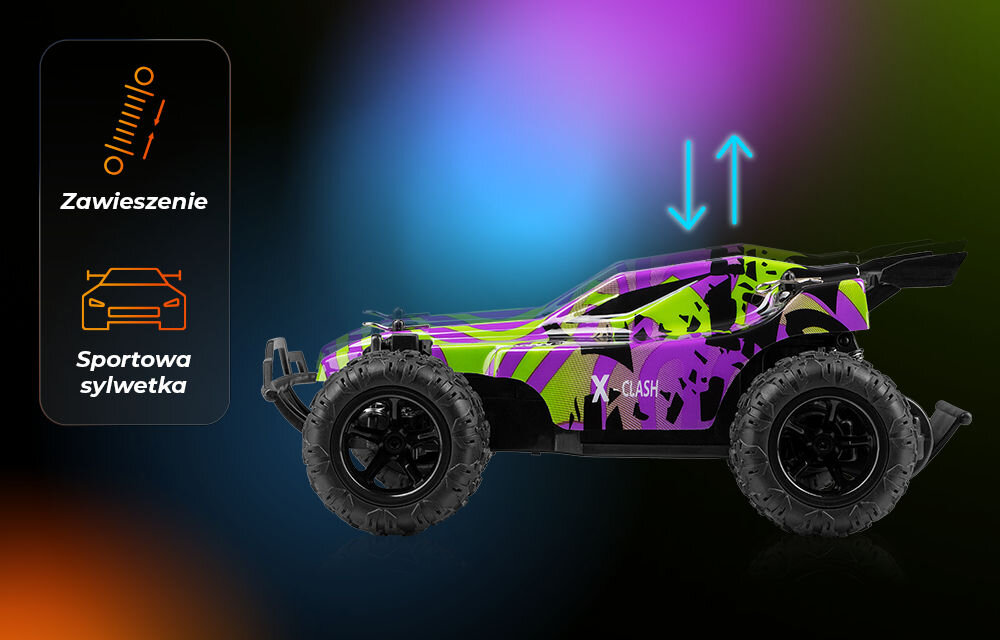 Samochód zdalnie sterowany OVERMAX X-Clash Boczny widok samochodu X-CLASH z grafiką wskazującą na elastyczne zawieszenie (strzałki w górę i w dół). W lewym rogu ikony symbolizują zawieszenie i sportową sylwetkę.