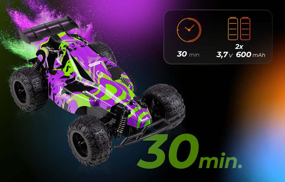 Samochód zdalnie sterowany OVERMAX X-Clash Widok z góry pod kątem na samochód X-CLASH w fioletowo-limonkowym malowaniu. W prawym górnym rogu panel informuje o czasie jazdy 30 min i dwóch akumulatorach 3,7V 600 mAh. W tle efekty świetlne.