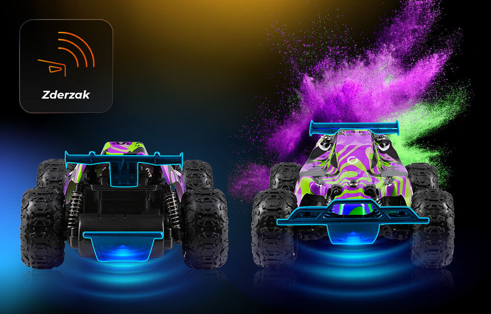 Samochód zdalnie sterowany OVERMAX X-Clash Porównanie tyłu i przodu modelu X-CLASH w fioletowo-limonkowym malowaniu, podświetlone na niebiesko. Ikona w lewym górnym rogu informuje o zderzaku (Zderzak). W tle purpurowo-zielona eksplozja proszku.