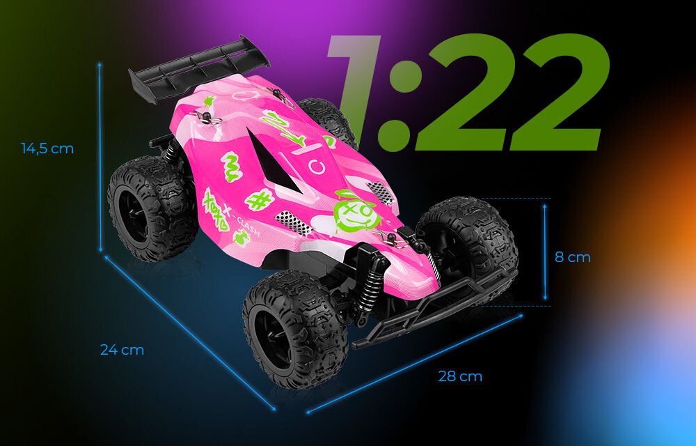 Samochód zdalnie sterowany OVERMAX X-Clash Różowy model X-CLASH z podanymi wymiarami w skali 1:22. Długość 28 cm, szerokość 24 cm, wysokość 14,5 cm. W tle widoczny jest duży, zielony napis 1:22.