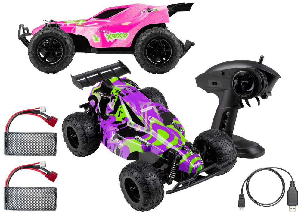 Samochód zdalnie sterowany OVERMAX X-Clash Cały zestaw produktu X-CLASH: model w fioletowo-limonkowym malowaniu, dodatkowa, różowa obudowa, pilot zdalnego sterowania, dwa akumulatory oraz kabel USB do ładowania.