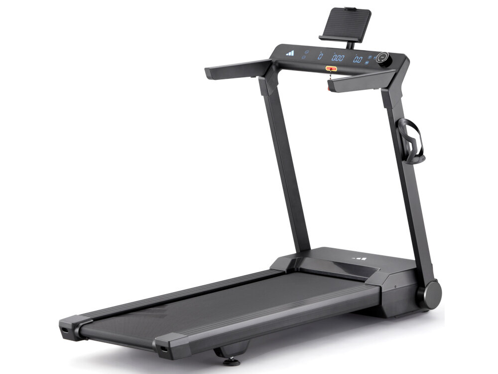 Bieżnia elektryczna ADIDAS T-24C 1470W 18km-h bieżnia na białym tle widoczna od tyłu pod skosem do prowadzenia regularnych treningów w domu spokojny marsz intensywny bieg zakres prędkości od 1 do 18 km/h poprawa kondycji kontrola nad własnym planem treningowym