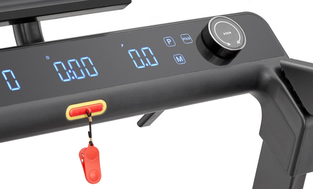 Bieżnia elektryczna ADIDAS T-24C 1470W 18km-h zbliżenie na pokrętło interaktywne pokrętło obrotowe szybka zmiana prędkości i nachylenia konsola LED prezentuje kluczowe dane regulowany uchwyt na smartfon i tablet miejsce na butelkę z wodą