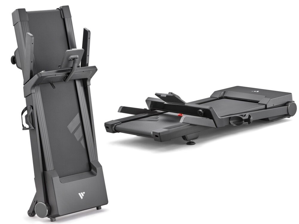 Bieżnia elektryczna ADIDAS T-24C 1470W 18km-h białe tło złożona bieżnia w dwóch ujęciach w pionie i w poziomie niewielka składana konstrukcja składanie w pozycji stojącej i płaskiej wymiary po złożeniu około 81,2 × 38 × 166,9 cm bieżnia jest gotowa do użycia od razu po rozłożeniu