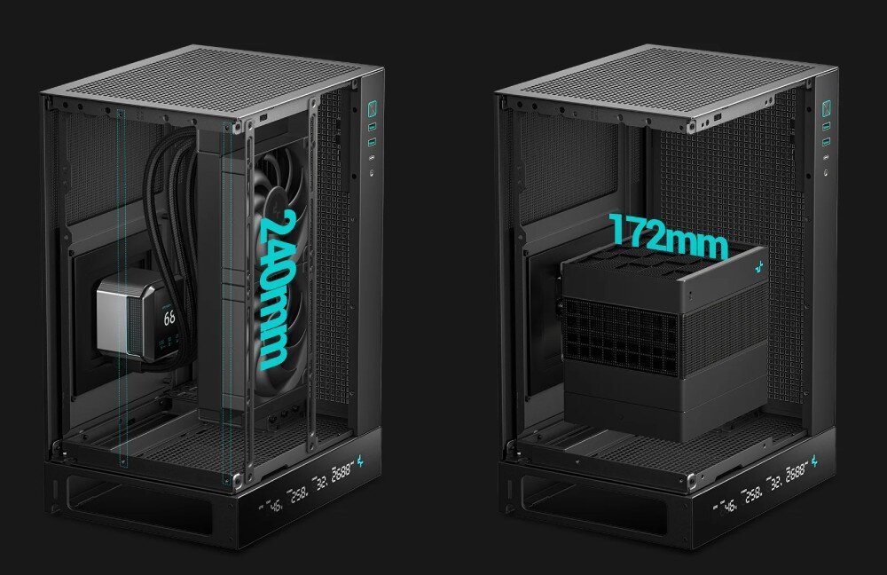 Obudowa DEEPCOOL CH170 Digital Zestawienie dwóch grafik pokazujących zamontowane chłodzenie wodne z radiatorem 240 mm oraz chłodzenie powietrzne o wysokości 172 mm