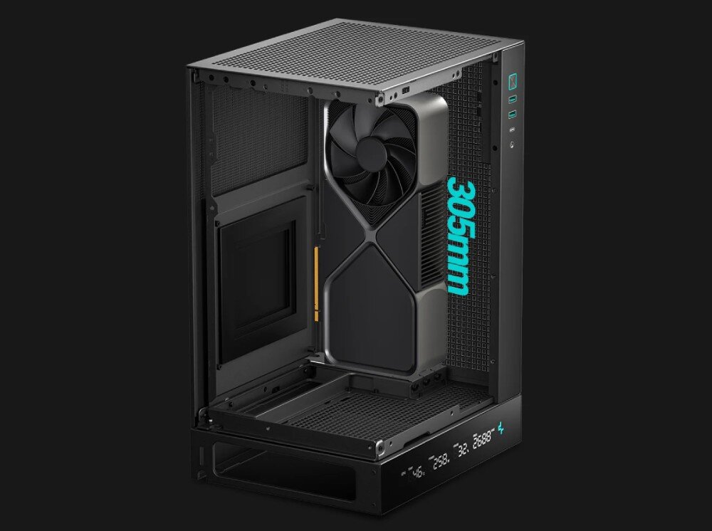 Obudowa DEEPCOOL CH170 Digital Widok wnętrza obudowy z zamontowaną kartą graficzną i turkusowym napisem wskazującym jej maksymalną długość 305 mm