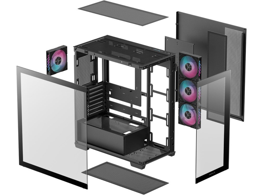 Obudowa DEEPCOOL CG580 4F Rozłożona czarna obudowa komputerowa, odseparowane panele, filtry przeciwpyłowe, cztery wentylatory z różowym podświetleniem