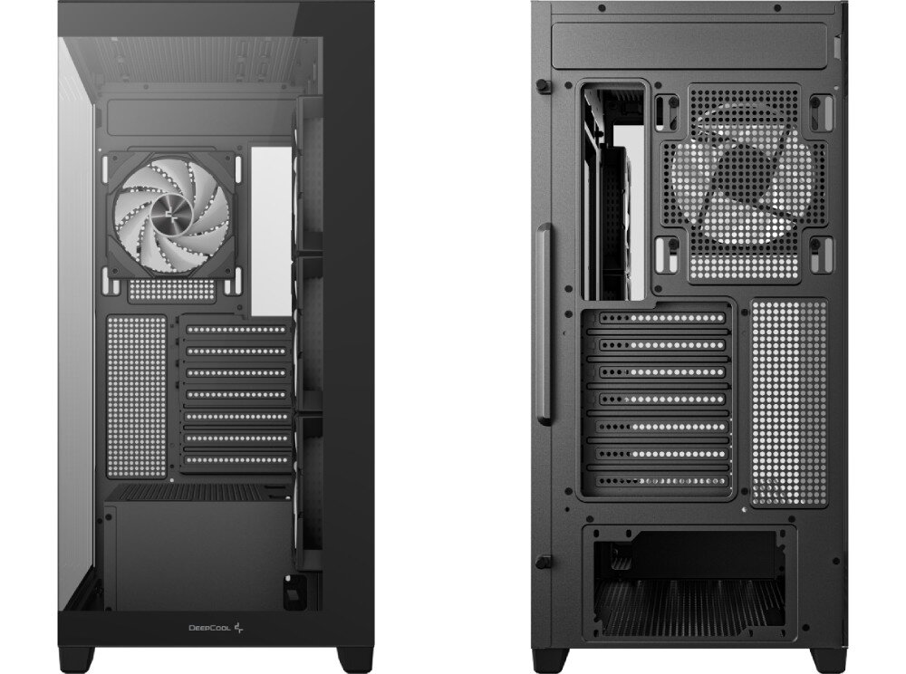Obudowa DEEPCOOL CG580 4F Widok na przód i tył czarnej obudowy komputerowej, przód z przeszklonym panelem i białym wentylatorem, tył z otworami wentylacyjnymi i miejscami na złącza