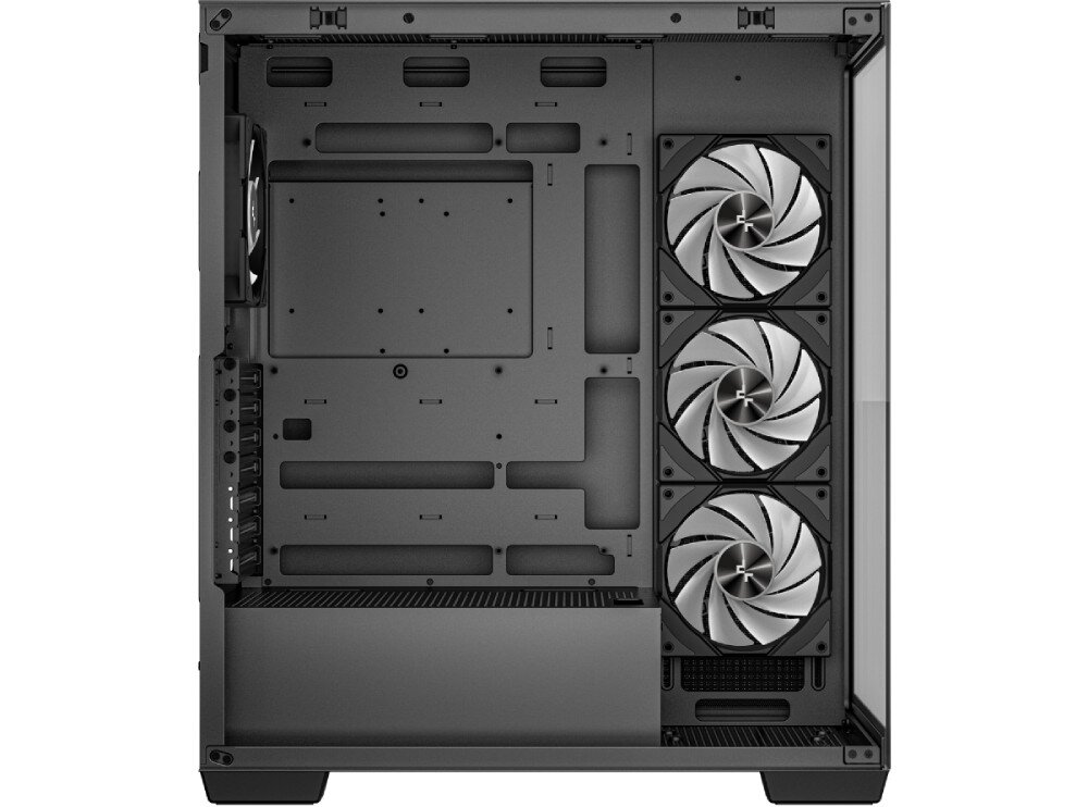Obudowa DEEPCOOL CG580 4F Widok na wnętrze czarnej obudowy komputerowej od boku, widać trzy białe wentylatory na tylnej ściance i jeden na bocznej
