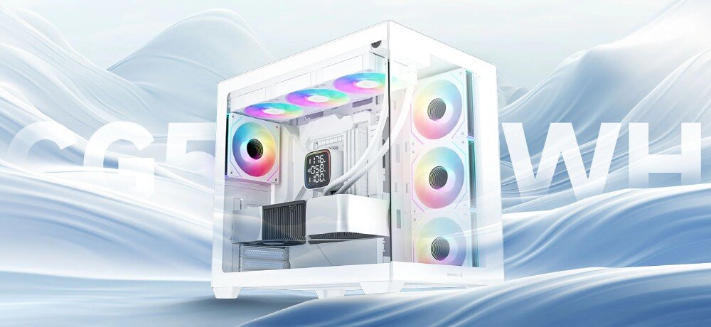 Obudowa DEEPCOOL CG530 4F W pełni wyposażona obudowa komputerowa w formacie Middle Tower na tle nocnego nieba, z przeszklonym frontem i bokiem, eksponująca podświetlone na tęczowo wentylatory, system chłodzenia wodnego z ekranem wyświetlającym temperaturę oraz kartę graficzną