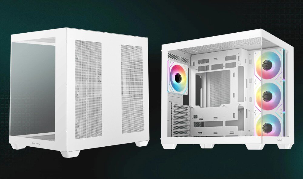 Obudowa DEEPCOOL CG530 4F Dwie obudowy Middle Tower obok siebie na ciemnym, zielonkawo-czarnym tle: po lewej obudowa z pełnymi panelami, a po prawej identyczna obudowa z przeszklonym bokiem i frontem, eksponująca cztery wentylatory z tęczowym podświetleniem