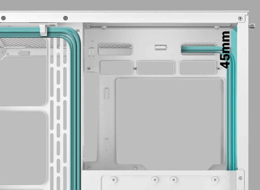 Obudowa DEEPCOOL CG530 4F Zbliżenie na tacę montażową płyty głównej we wnętrzu obudowy, pokazujące system do układania kabli z pionowym korytem i białym napisem '45mm'